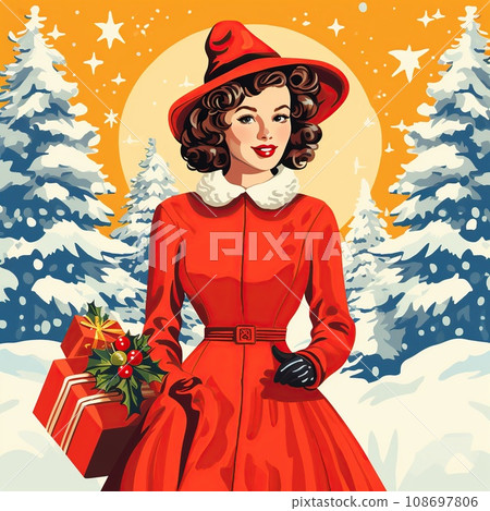 Retro illustration of a girl's New Year's Eve costume inspired by 1950s fashion, with a Christmas tree and presents Retro illustration of a girl's New Year's Eve costume inspired by 1950s fashion, with a Christmas tree and presents 108697806