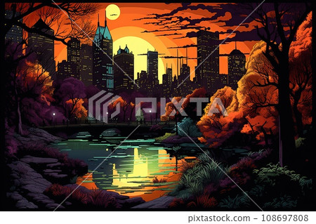 Postcard Central Park in New York City, the night, a full moon, neon style Postcard Central Park in New York City, the night, a full moon, neon style 108697808