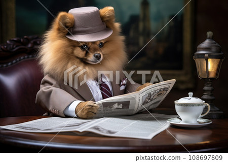A pomeranian spitz is reading the newspaper, sitting in a chair, wearing a suit 108697809