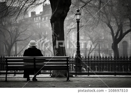 Elderly woman sitting on a bench in park, loneliness Elderly woman sitting on a bench in park, loneliness 108697810