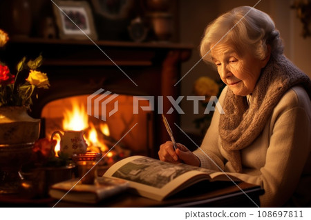 An elderly woman sits by the fireplace with a picture of her late spouse and book, loneliness An elderly woman sits by the fireplace with a picture of her late spouse and book, loneliness 108697811