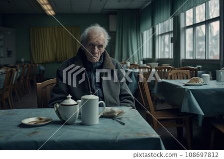 Elderly man sitting alone at a table, nursing home, loneliness Elderly man sitting alone at a table, nursing home, loneliness 108697812