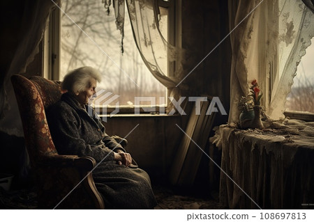 Elderly woman sitting on a bench in park, loneliness Elderly woman sitting on a bench in park, loneliness 108697813