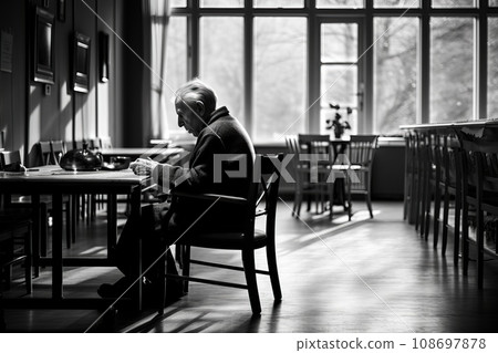 Elderly man sitting alone at a table, nursing home, loneliness Elderly man sitting alone at a table, nursing home, loneliness 108697878