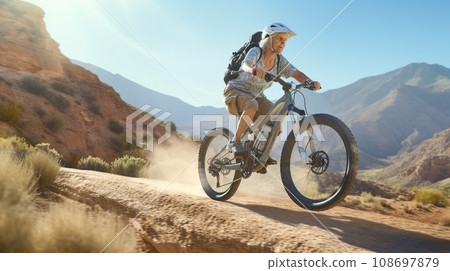 Old woman riding bicycle on beautiful mountain Old woman riding bicycle on beautiful mountain 108697879