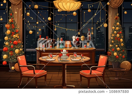 Retro illustration of a stylized New Year's Eve cafe with vintage furniture Retro illustration of a stylized New Year's Eve cafe with vintage furniture 108697880