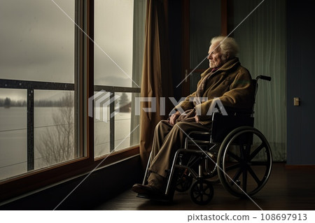 A man in a wheelchair sits against the window, lonely A man in a wheelchair sits against the window, lonely 108697913
