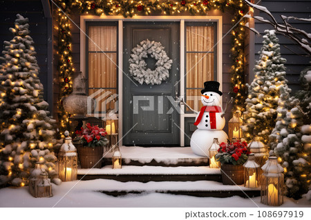 Cute and cozy house with Christmas decorations, snowman on the porch, Christmas wreath on the door Cute and cozy house with Christmas decorations, snowman on the porch, Christmas wreath on the door 108697919