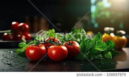 Modern black kitchen with fresh tomatoes and greens on the table. 108697974