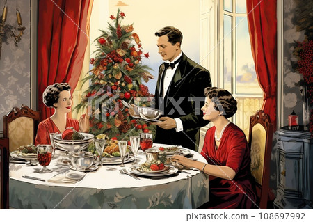 Vintage illustration of a family Christmas dinner Vintage illustration of a family Christmas dinner 108697992