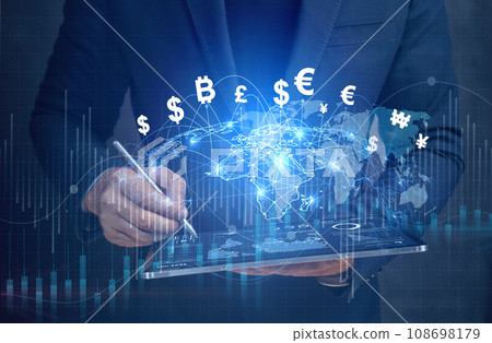 Financial Technology, Global business and Global currency exchange concept, money, finance, Businessman holding virtual world map and connection line effect, dollar yuan yen euro 108698179