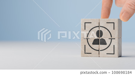 Wooden cube blocks with customer and target icon. Target customer, customer centric, customer focused, personalized marketing strategy concept. personnel search. copy space. 108698184
