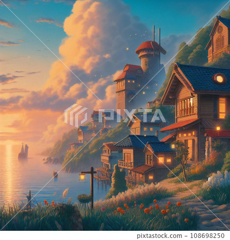 Anime exotic landscape dyed in the sunset 108698250