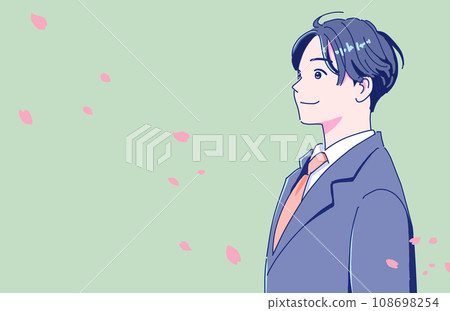 Profile of a positive male student while cherry blossom petals dance Profile of a positive male student while cherry blossom petals dance 108698254