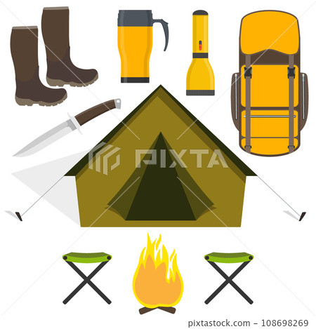 Set of camping equipment tent, backpack, fire, boots, flashlight, mug, knife, stool. Vector illustration in flat style. Set of camping equipment tent, backpack, fire, boots, flashlight, mug, knife, stool. Vector illustration in flat style. 108698269