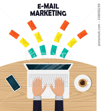 Email marketing concept illustration in flat style. Sending or receiving email laptop, hands on keyboard, lot of envelopes. Vector illustration. 108698289