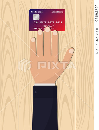 Hand of businessman holds out a credit card. Commercial transactions illustration, vector. 108698295
