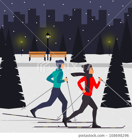 Man and woman skiers in motion in a snowy city park among the fir trees. Vector illustration in flat style. Man and woman skiers in motion in a snowy city park among the fir trees. Vector illustration in flat style. 108698296