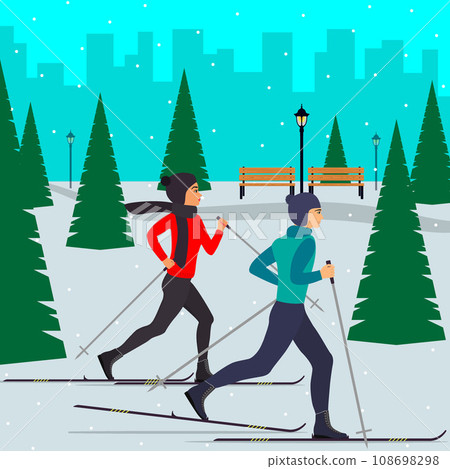 Man and woman skiers in motion in a snowy city park among the fir trees. Vector illustration in flat style. Man and woman skiers in motion in a snowy city park among the fir trees. Vector illustration in flat style. 108698298