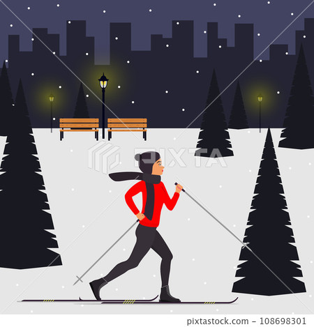 Woman skier in motion in a snowy city park among the fir trees. Cross country skiing woman. Young woman on skies in the city. Vector illustration in flat style. 108698301