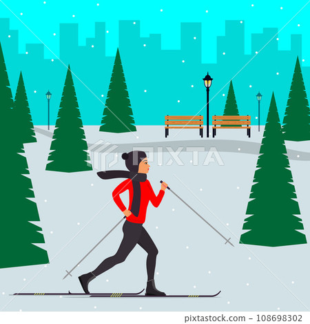 Woman skier in motion in a snowy city park among the fir trees. Cross country skiing woman. Young woman on skies in the city. Vector illustration in flat style. 108698302