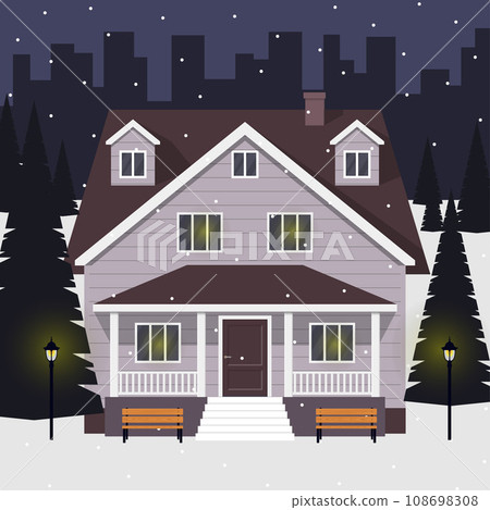 Classic cottage house at winter night. Private house in the snow and city on background. Vector illustration, flat style. Classic cottage house at winter night. Private house in the snow and city on background. Vector illustration, flat style. 108698308