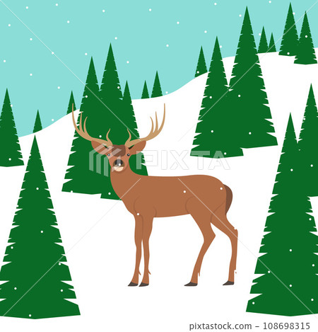 Deer stands on snowy hill among the fir trees. Vector illustration. 108698315