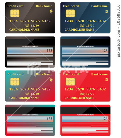 Realistic credit cards, view from both sides, set. Vector illustration, isolated. 108698316