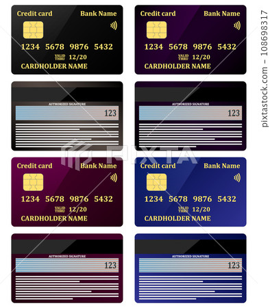 Realistic credit cards, view from both sides, set. Vector illustration, isolated. 108698317