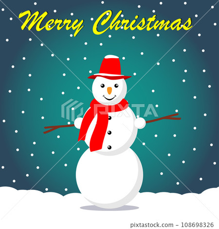 Cartoon cute snowman in a cap and scarf on snowy christmas winter background. Vector illustration. 108698326