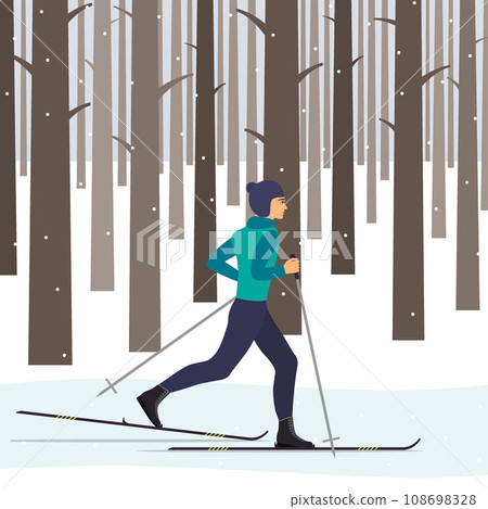 Man skier in motion in a snowy winter forest among the trees. Vector illustration in flat style. 108698328