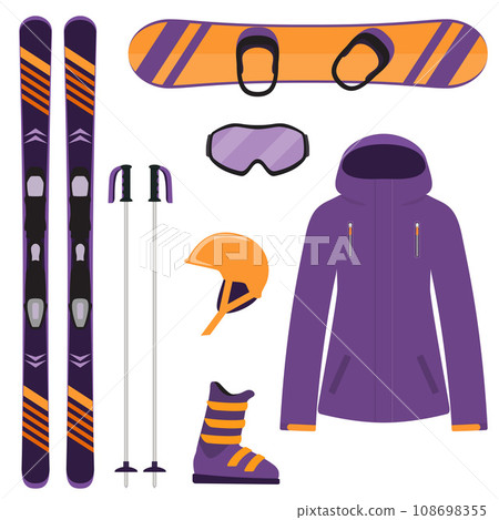 Skiing and snowboarding equipment, set. Skis, ski poles, snowboard, helmet, glasses, boots, jacket. Winter equipment icons. Vector illustration in flat style. Skiing and snowboarding equipment, set. Skis, ski poles, snowboard, helmet, glasses, boots, jacket. Winter equipment icons. Vector illustration in flat style. 108698355