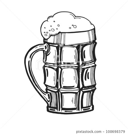 sketch of glass of beer, hand drawn vector illustration of drink with a lot of foam, beer mug, doodle graphic, black and white color, monochrome sketch of glass of beer, hand drawn vector illustration of drink with a lot of foam, beer mug, doodle graphic, black and white color, monochrome 108698379