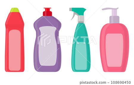 The bottles of detergent, washing powder, detergent powder, bottle of spray, a means for washing dishes. A simple illustration in the flat style, isolated on white background. The bottles of detergent, washing powder, detergent powder, bottle of spray, a means for washing dishes. A simple illustration in the flat style, isolated on white background. 108698450