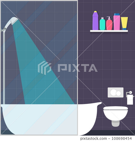 Cute bathroom in flat style shower, bath, shelf with soap, shampoo, conditioner, toilet and toilet paper. Vector illustration. Cute bathroom in flat style shower, bath, shelf with soap, shampoo, conditioner, toilet and toilet paper. Vector illustration. 108698454