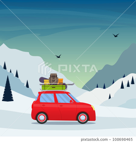 Winter Skiing holiday trip to mountains. Cute small car with ski and snowboard, backpack and suitcase on the roof. Vector illustration. 108698465