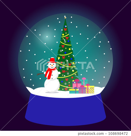 Snow globe, traditional Christmas gift. Christmas souvenir, glass ball with Christmas tree, gifts, cute snowman in red hat and scarf. Vector illustration. Snow globe, traditional Christmas gift. Christmas souvenir, glass ball with Christmas tree, gifts, cute snowman in red hat and scarf. Vector illustration. 108698472