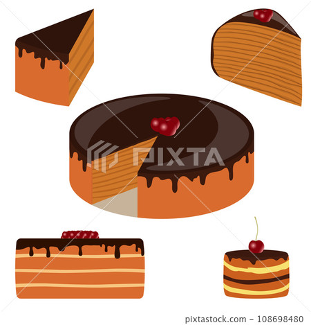 Different types of chocolate cakes, set. Sweet cake with cherry, cream and biscuit. Vector illustration. 108698480