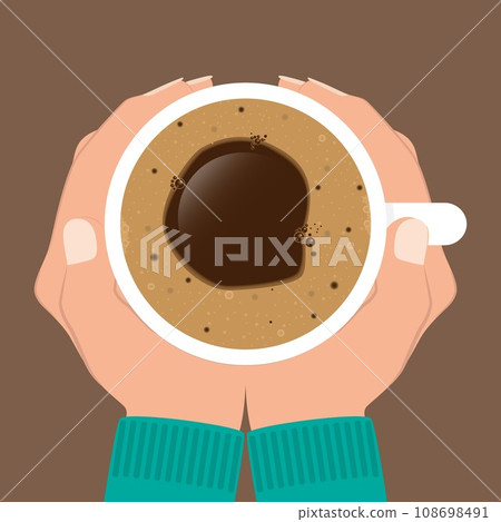 Hands holding a cup of coffee. Two hands grasping a cup of coffee. Vector illustration. Hands holding a cup of coffee. Two hands grasping a cup of coffee. Vector illustration. 108698491
