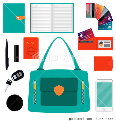 Woman s handbag and contents. Diary, wallet, bank cards, pen, smartphone, passport, car keys, lipstick, powder. Vector illustration. 108698536