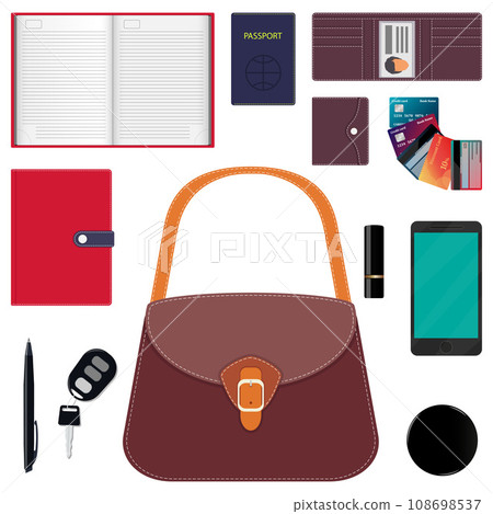 Woman s handbag and contents. Diary, wallet, bank cards, pen, smartphone, passport, car keys, lipstick, powder. Vector illustration. Woman s handbag and contents. Diary, wallet, bank cards, pen, smartphone, passport, car keys, lipstick, powder. Vector illustration. 108698537