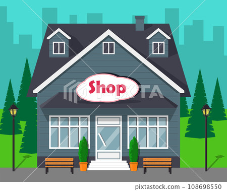 Beautiful modern store front with big windows and sign Shop on the facade. Cartoon vector illustration. 108698550