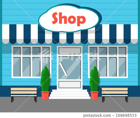 Beautiful modern store front with big windows and sign Shop on the facade. Cartoon vector illustration. 108698553