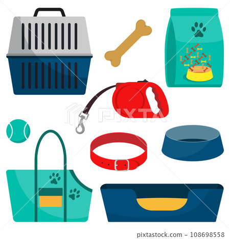 Pet care accessory, set. Pet carrier, collar, bone, bowl, food, ball, a deckchair. Flat style vector illustration, isolated. 108698558