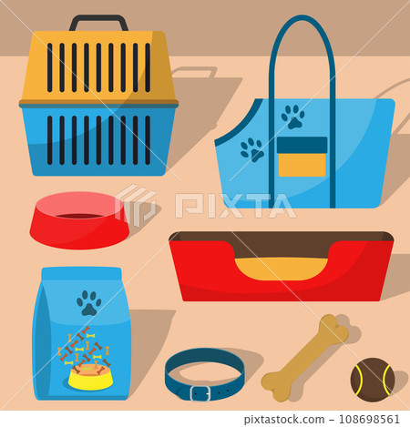 Pet care accessory, set. Pet carrier, collar, bone, bowl, food, ball, a deckchair. Flat style vector illustration, isolated. 108698561