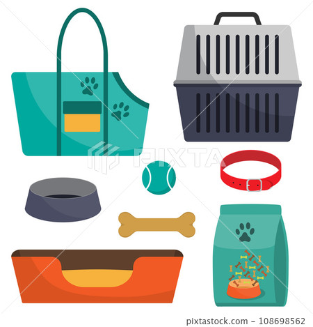 Pet care accessory, set. Pet carrier, collar, bone, bowl, food, ball, a deckchair. Flat style vector illustration, isolated. 108698562
