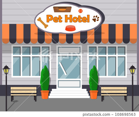 Cute cartoon building of Pet Hotel for dogs and cats. Vector flat illustration. Cute cartoon building of Pet Hotel for dogs and cats. Vector flat illustration. 108698563
