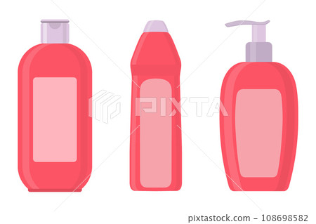 Set of cosmetic bottles in flat style. Soap, shampoo, lotion pink bottles. Vector illustration. 108698582