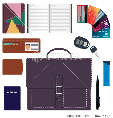 Men s briefcase and its contents. Men s bag and a common set of objects carry with them. Diary, wallet, bank cards, car keys, passport, lighter, pen. Vector illustration. Men s briefcase and its contents. Men s bag and a common set of objects carry with them. Diary, wallet, bank cards, car keys, passport, lighter, pen. Vector illustration. 108698598