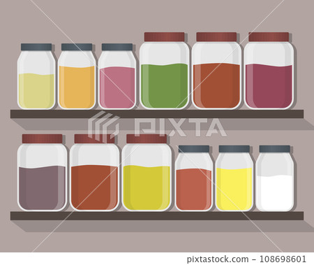 Set of kitchen jars with different content. Kitchen jars on the shelves. Vector illustration. 108698601